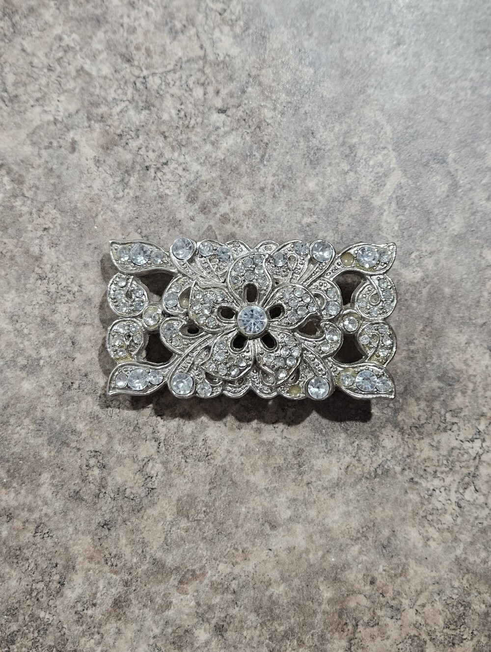 Vintage Floral Rhinestone Silver Tone Belt Buckle